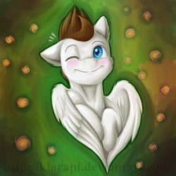 Size: 894x894 | Tagged: safe, artist:klarapl, oc, oc only, oc:core, species:pegasus, species:pony, happy, one eye closed, simple background, smiling, solo, white, wink