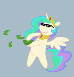 Size: 900x933 | Tagged: safe, artist:bra1neater, character:princess celestia, species:pony, 1000 hours in ms paint, bipedal, female, gold tooth, money, ms paint, smiling, solo, sunglasses