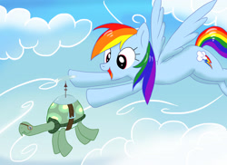 Size: 3509x2550 | Tagged: safe, artist:neoshrek, character:rainbow dash, character:tank, species:pegasus, species:pony, aviator goggles, cloud, female, flying, high res, mare, propeller, sky, smiling, spread wings, tortoise, wings