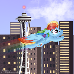 Size: 2000x2000 | Tagged: safe, artist:songbirdserenade, character:rainbow dash, species:pony, female, flying, high res, rainbow trail, seattle, solo, space needle