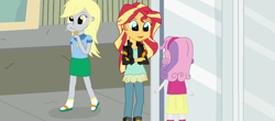 Size: 1600x706 | Tagged: safe, artist:thomaszoey3000, character:derpy hooves, character:sunset shimmer, character:sweetie belle, my little pony:equestria girls, clothing, cute, food, hairband, jacket, leather jacket, muffin, sandals, skirt, socks, socks with sandals