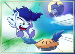 Size: 1245x900 | Tagged: safe, artist:klemm, character:princess luna, character:soarin', species:alicorn, species:pegasus, species:pony, newbie artist training grounds, atg 2017, chase, dream walker luna, food, pie, that pony sure does love pies