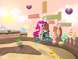 Size: 2000x1500 | Tagged: safe, artist:songbirdserenade, character:pinkie pie, species:pony, balloon, cake, coin, crossover, female, food, green shell, mare, mario kart, solo, super mario bros., wafer, windmill