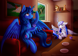 Size: 5100x3700 | Tagged: safe, artist:klarapl, oc, oc only, species:alicorn, species:pony, absurd resolution, alicornified, commission, couch, cup, eyes closed, open mouth, plate, race swap, sitting, tea party, teacup, underhoof