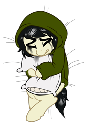 Size: 794x1123 | Tagged: safe, artist:cinderfall, artist:whydomenhavenipples, edit, oc, oc only, oc:floor bored, species:earth pony, species:pony, clothing, color edit, colored, crying, depression, eyes closed, female, gritted teeth, hoodie, hug, makeup, mare, mascara, on back, pillow, pillow hug, running makeup, sad, shivering, simple background, solo, transparent background