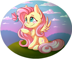 Size: 5400x4500 | Tagged: safe, artist:klarapl, character:fluttershy, species:pegasus, species:pony, absurd resolution, blushing, butterfly, chest fluff, cute, female, looking at something, mare, raised hoof, shyabetes, sitting, smiling, solo, spread wings, wings