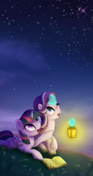 Size: 1000x1875 | Tagged: safe, artist:klemm, character:starlight glimmer, character:twilight sparkle, character:twilight sparkle (alicorn), species:alicorn, species:pony, species:unicorn, newbie artist training grounds, atg 2017, book, cute, duo, female, glimmerbetes, glowing horn, lantern, looking up, mare, night, open mouth, stargazing, starry night, stars, teacher and student, twiabetes