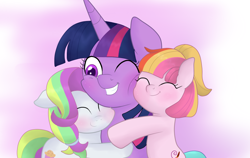 Size: 950x600 | Tagged: safe, artist:lion-grey, character:coconut cream, character:toola roola, character:twilight sparkle, character:twilight sparkle (alicorn), species:alicorn, species:pony, episode:fame and misfortune, g4, my little pony: friendship is magic, blushing, cute, hug, roolabetes, rubbing, smiling, snuggling, squishy cheeks
