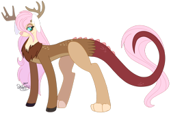 Size: 1024x675 | Tagged: safe, artist:shiiazu, oc, oc only, oc:gaia, parent:discord, parent:fluttershy, parents:discoshy, species:deer, species:draconequus, species:pony, antlers, bunny ears, cloven hooves, colored pupils, draconequus oc, dragon tail, female, fluffy, hooves, hybrid, interspecies offspring, mare, markings, next generation, offspring, paws, scales, simple background, solo, spots, transparent background