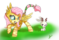 Size: 1200x800 | Tagged: safe, artist:klemm, character:angel bunny, character:fluttershy, species:pony, newbie artist training grounds, atg 2017, big cat, fangs, female, jackalope, mare, sabertooth pony, simple background, tiger