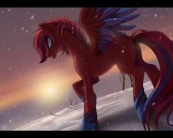 Size: 996x797 | Tagged: dead source, safe, artist:ruhje, oc, oc only, species:pegasus, species:pony, colored wings, looking away, plot, raised hoof, snow, solo, spread wings, standing, sunset, wings