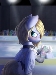 Size: 1500x2000 | Tagged: safe, artist:divlight, character:fashion plate, character:fluttershy, character:lyra heartstrings, character:night glider, species:pegasus, species:pony, blushing, ice skating, male, ponified, solo focus, stallion, yuri on ice