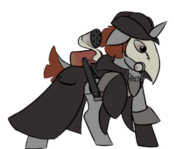 Size: 1400x1200 | Tagged: safe, artist:tartsarts, oc, oc only, oc:flint, species:pony, species:unicorn, changeling hunter, plague doctor, plague doctor mask, rust, solo, weapon