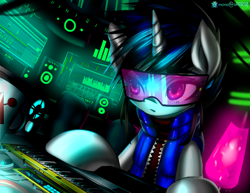 Size: 3850x2975 | Tagged: safe, artist:monochromacat, character:dj pon-3, character:vinyl scratch, species:pony, species:unicorn, computer, cup, female, keyboard, lava lamp, mare, musical instrument, screen, solo, visor