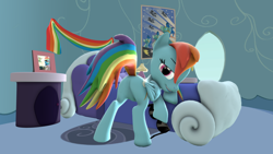 Size: 1920x1080 | Tagged: safe, artist:charlydasher, character:rainbow dash, species:pony, 3d, bedroom eyes, featureless crotch, female, like what you see?, morning, plot, presenting, rainbow dash's house, rainbutt dash, raised tail, rear, smiling, solo, source filmmaker, tail, we don't normally wear clothes