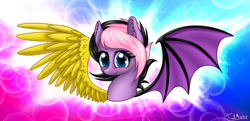 Size: 1914x930 | Tagged: safe, artist:finalaspex, oc, oc only, oc:ocean, species:bat pony, species:dracony, abstract background, bust, hybrid, looking at you, solo, spread wings, wings