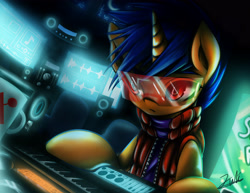 Size: 3850x2975 | Tagged: safe, artist:monochromacat, artist:spectrumblaze, oc, oc only, oc:blinky, species:pony, species:unicorn, collaboration, cup, female, keyboard, mare, musical instrument, screen, solo, speakers, visor