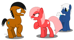 Size: 3967x2138 | Tagged: safe, artist:mandash1996, oc, oc only, oc:chiprodash, oc:downvote, oc:snowy knight, species:pony, derpibooru, derpibooru ponified, angry, dowy, meta, ponified, scared, simple background, transparent background, vector