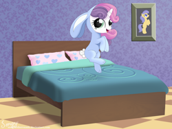 Size: 2000x1500 | Tagged: safe, artist:songbirdserenade, character:sweetie belle, species:pony, animal costume, bed, bunny belle, bunny costume, clothing, costume, cute, diasweetes, female, filly, jumping on the bed, solo