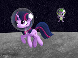 Size: 2000x1500 | Tagged: safe, artist:songbirdserenade, character:spike, character:twilight sparkle, character:twilight sparkle (alicorn), species:alicorn, species:dragon, species:pony, astronaut, cute, female, floaty, mare, moon, smiling, space, space helmet, twiabetes