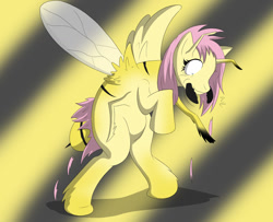 Size: 1024x830 | Tagged: safe, artist:tfsubmissions, character:fluttershy, species:pony, antennae, bee, extra legs, flutterbee, hair loss, insect wings, literal, mandibles, nightmare fuel, stinger, stripes, terrified, transformation, yellowjacket