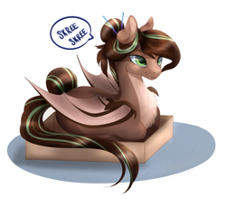 Size: 1024x936 | Tagged: safe, artist:csox, oc, oc only, oc:cocoa dot, species:bat pony, species:pony, bat pony oc, behaving like a cat, box, cute, cute little fangs, eeee, fangs, female, if i fits i sits, mare, pony in a box, prone, shadow, simple background, skree, solo, white background
