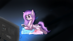 Size: 1920x1080 | Tagged: safe, artist:finalaspex, oc, oc only, oc:loukaina, leaning, pillow, playing, solo, tongue out, video game