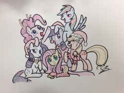 Size: 960x720 | Tagged: safe, artist:thestipplebrony, character:applejack, character:fluttershy, character:pinkie pie, character:rainbow dash, character:rarity, character:twilight sparkle, christmas, hearth's warming, holiday, mane six, mane six opening poses, pointillism, stipple, stock vector, traditional art