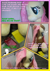 Size: 736x1040 | Tagged: safe, artist:blackwater627, artist:earthenhoof, character:fluttershy, species:pegasus, species:pony, cleaning, comic, facepalm, female, irl, phone, photo, plushie, text