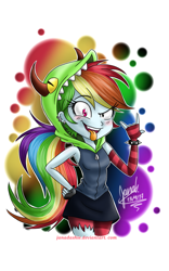 Size: 800x1280 | Tagged: safe, artist:janadashie, character:rainbow dash, my little pony:equestria girls, clothing, crossover, demencia, devil horn (gesture), devil horns, ear piercing, fingerless gloves, gloves, looking at you, piercing, smiling, spiked wristband, tongue out, villainous, wristband
