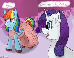 Size: 2000x1550 | Tagged: safe, artist:afterman, character:rainbow dash, character:rarity, species:pegasus, species:pony, species:unicorn, alternate hairstyle, and then there's rarity, bet, blushing, carousel boutique, clothing, dress, embarrassed, forced makeover, makeover, rainbow dash always dresses in style, shoes, talking, text