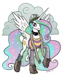 Size: 854x1024 | Tagged: safe, artist:pedantia, character:princess celestia, clothing, collar, earring, female, scarf, shoes, solo
