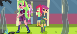 Size: 1024x452 | Tagged: safe, artist:thomaszoey3000, character:apple bloom, character:lemon zest, character:scootaloo, character:sweetie belle, species:pegasus, species:pony, my little pony:equestria girls, boots, bow, clothing, denim, hairband, headphones, hoodie, pleated skirt, shoes, shorts, skirt, socks