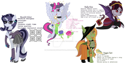 Size: 1024x512 | Tagged: safe, artist:magicandmysterygal, oc, oc only, oc:moonlit velvet, oc:night nectar, oc:ruby kiss, oc:veggie tart, parent:inky rose, parent:moonlight raven, parents:inkyraven, species:bat pony, species:pegasus, species:pony, species:unicorn, adopted offspring, apron, boots, choker, clothing, dress, ear piercing, earring, eyeshadow, female, freckles, goth, hat, implied canon x oc, implied lesbian, implied princess luna, jewelry, magical lesbian spawn, makeup, mare, necklace, next generation, offspring, one eye closed, piercing, prone, shoes, skirt, socks, spiked choker, watermark, wink, witch, wristband