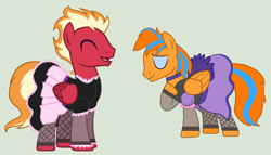 Size: 3204x1828 | Tagged: safe, artist:peregrinstaraptor, oc, oc only, oc:cold front, oc:sunfyre, species:pegasus, species:pony, clothing, crossdressing, dress, eyeshadow, fishnets, makeup, male, saloon dress, simple background, smiling, stallion