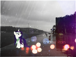 Size: 1200x900 | Tagged: safe, artist:kolat uktan, artist:metalliclenneth, character:rarity, bench, car, city, clothing, hill, irl, photo, ponies in real life, power line, rain, scarf, solo, vector, wet, wet mane, wet mane rarity
