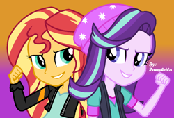 Size: 1000x680 | Tagged: safe, artist:iamsheila, base used, character:starlight glimmer, character:sunset shimmer, my little pony:equestria girls, beanie, clothing, counterparts, fist pump, hat, twilight's counterparts