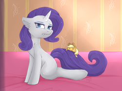 Size: 1413x1049 | Tagged: safe, artist:haruhi-il, character:applejack, character:rarity, species:earth pony, species:pony, species:unicorn, ship:rarijack, :3, appletini, female, lesbian, looking at you, mare, micro, missing cutie mark, shipping, size difference, unamused