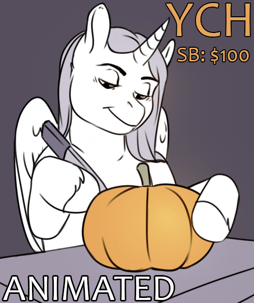 Size: 500x597 | Tagged: safe, artist:somepony-ul, oc, oc only, species:alicorn, species:pegasus, species:pony, species:unicorn, animated, commission, gif, halloween, holiday, jack-o-lantern, pumpkin, pumpkin carving, smiling, your character here