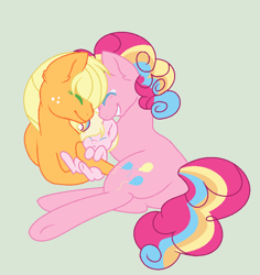 Size: 736x780 | Tagged: safe, artist:roseloverofpastels, character:applejack, character:pinkie pie, oc, oc:ginger rock, parent:applejack, parent:pinkie pie, parents:applepie, ship:applepie, female, filly, lesbian, magical lesbian spawn, offspring, prone, rainbow power, shipping