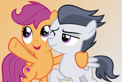 Size: 6107x4133 | Tagged: safe, artist:mandash1996, character:rumble, character:scootaloo, species:pegasus, species:pony, ship:rumbloo, episode:marks and recreation, g4, my little pony: friendship is magic, absurd resolution, colt, cute, female, filly, looking offscreen, male, pointing, shipping, simple background, smiley face, straight, vector