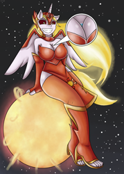 Size: 940x1310 | Tagged: safe, artist:dinobirdofdoom, character:daybreaker, character:princess celestia, species:alicorn, species:anthro, species:plantigrade anthro, species:pony, armor, breasts, cleavage, commission, earth, female, macro, mare, pony bigger than a planet, solo, sun, zoomed in
