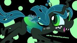 Size: 1366x768 | Tagged: safe, artist:syggie, character:queen chrysalis, species:changeling, abstract background, ask the changeling princess, changeling queen, crown, cute, cutealis, fangs, female, filly, filly queen chrysalis, foal, freckles, jewelry, looking at you, nymph, open mouth, princess chrysalis, regalia, running, smiling, smiling at you, solo, text, wallpaper, younger