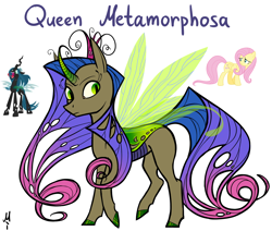 Size: 1236x1048 | Tagged: safe, artist:milchik, character:fluttershy, character:queen chrysalis, oc, species:changeling, species:pony, fusion, hybrid