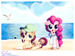 Size: 2000x1500 | Tagged: safe, artist:songbirdserenade, character:pinkie pie, character:sunset shimmer, species:bird, species:pony, beach, cap, clothing, cloud, food, hat, magic, mouth hold, ocean, paper, pencil, pizza, prone, sushi, thread