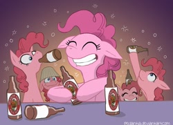 Size: 1243x900 | Tagged: safe, artist:pedantia, character:pinkie pie, species:earth pony, species:pony, episode:too many pinkie pies, g4, my little pony: friendship is magic, alcohol, beer, clone, drunk, drunk bubbles, drunkie pie, female, fun fun fun, mare, multeity, pinkie clone, this will end in tears, too much pink energy is dangerous, xk-class end-of-the-world scenario
