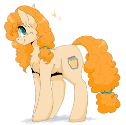 Size: 1024x1017 | Tagged: safe, artist:dollpone, character:pear butter, species:earth pony, species:pony, female, heart, looking at you, mare, profile, simple background, smiling, solo, standing, white background