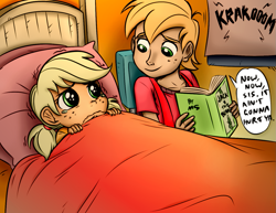 Size: 1347x1041 | Tagged: safe, artist:megasweet, artist:trelwin, character:applejack, character:big mcintosh, species:human, bed, book, cute, humanized, jack and the beanstalk, jackabetes, macabetes, scared, thunder, young, younger