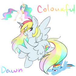 Size: 1400x1400 | Tagged: safe, artist:koteikow, character:princess celestia, character:rainbow dash, oc, fusion, rainbow hair, simple background, white background