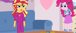 Size: 1600x706 | Tagged: safe, artist:thomaszoey3000, character:pinkie pie, character:sunset shimmer, my little pony:equestria girls, christmas, clothing, crying, holiday, pajamas, skirt, tears of joy
